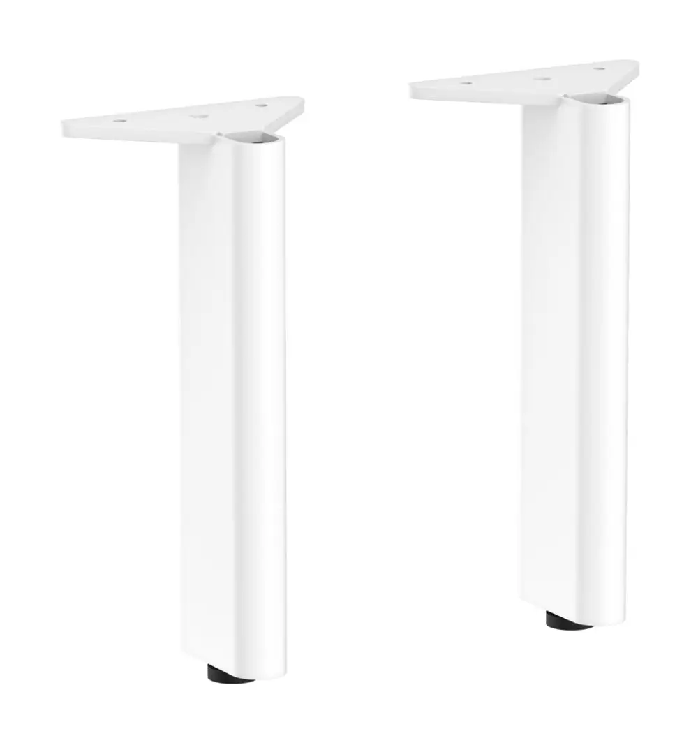 Weißer Möbelfuß aus Metall mit einer dreieckigen Montageplatte. Produkt von Hansgrohe, geeignet zur Befestigung an Möbelstücken.
